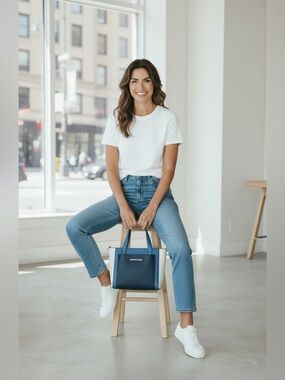 Michael Kors Gemma Navy, Blue & White Pebbled Leather Tote w/Crossbody Strap